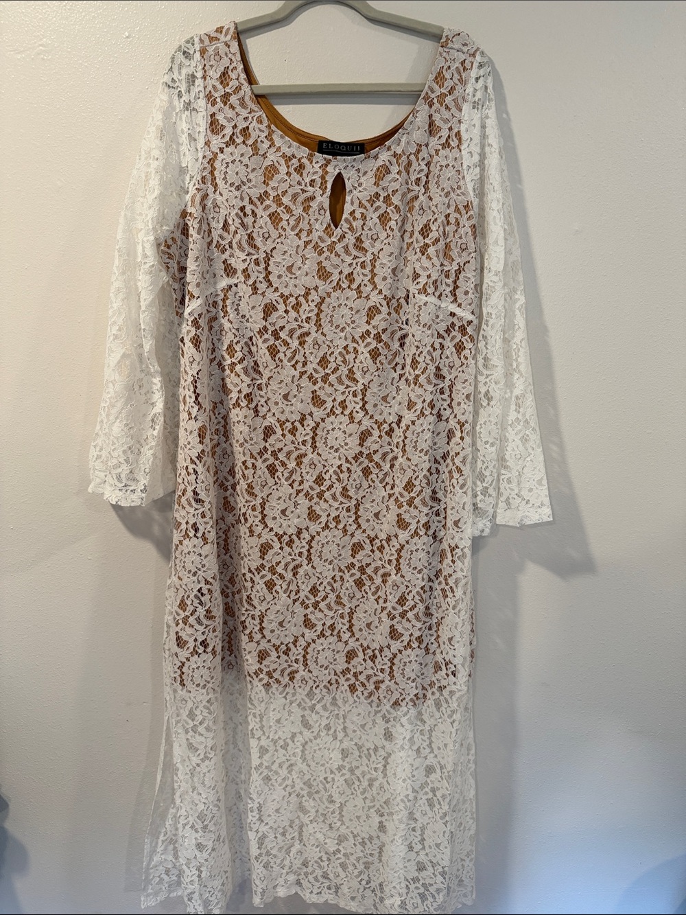 Eloquii White Lace Overlay Dress with Tan Slip Underlay